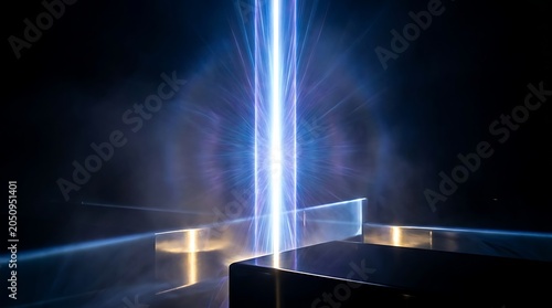 Radiant vertical laser beam illuminating dark night sky with dramatic light effects