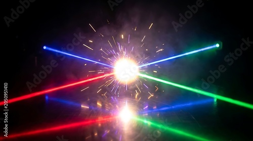 Vibrant Laser Beams Intersecting with Colorful Fireworks Explosion in Dark Night Sky