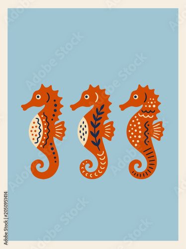 Decorative Seahorse Trio Marine Folk Art Illustration on Blue Background