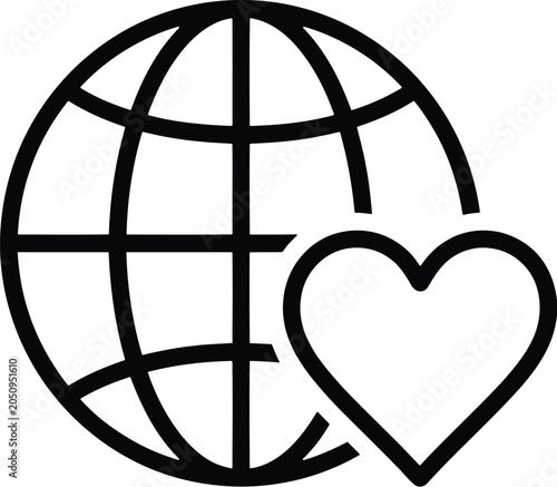 Black line icon of a heart embracing a globe for global love and care marketing materials