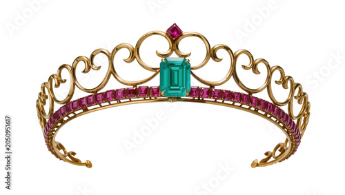 Tableau sur toile Gold tiara with emerald and ruby gemstones
