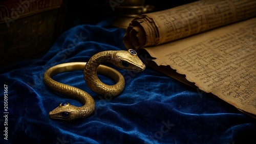 armlet. Golden serpent armlet on blue velvet with aged papyrus scrolls, historical elegance. event programs, museum guides, designed for cultural heritage projects and event programs.