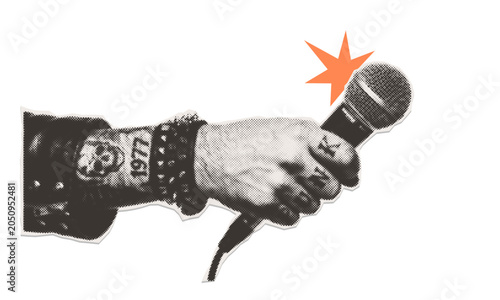 Tableau sur toile Retro halftone cutout collage element with hand holding microphone, skull tattoo, and spiked bracelet isolated - punk rock music illustration