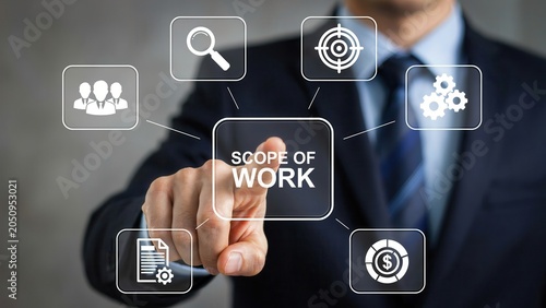 Businessman touching a digital screen with a scope of work concept, including icons for team, research, target, settings, documentation, and budget