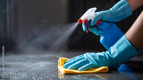 A person wearing blue gloves cleaning a surface with a yellow cloth and spray bottle