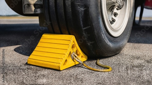 A bright yellow wheel chock secured against a large aircraft tire on asphalt.