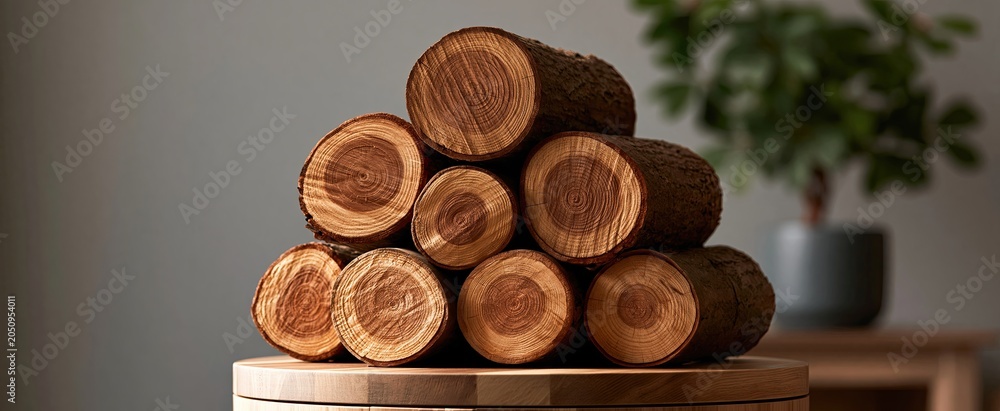 Obraz premium Stack of rough-cut firewood with rich grain textures in a warm, rustic home setting.