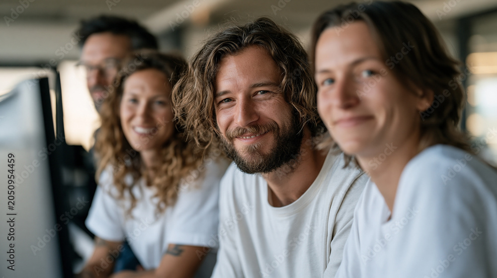 Fototapeta premium Neutral atom qubit array research team celebrates a successful coherence extension milestone inside a quantum computing laboratory, cluster of scientists gathered around a