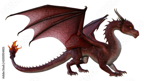 Schilderij op canvas Red dragon with large wings and fiery tail