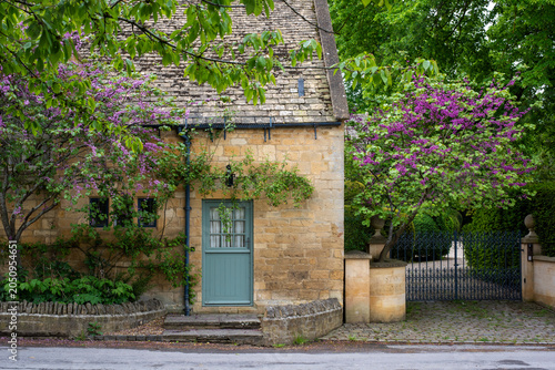 doorstep of a medieval cottage in british countryside, Cotswolds, the classic local oolitic yellow stone