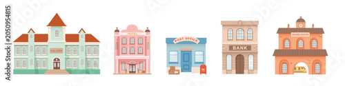 City buildings facades. Exterior facades of hotel, bank, college, post office, railway station. Urban infrastructure infographics.