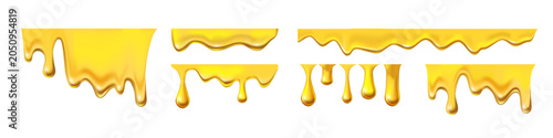 Melting cheese, honey, cream drips with golden honey flow on white background. Yellow glossy liquid texture patterns. 3D food realistic vector illustrations set.