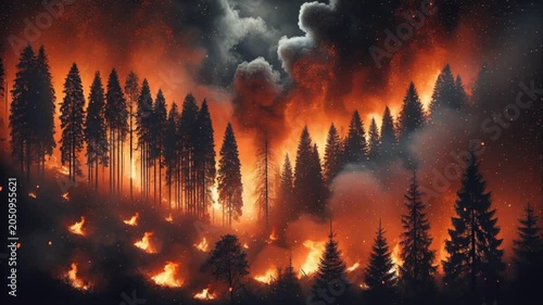 Video of forest engulfed by wildfire at night with blazing flames, glowing embers, dense smoke and a dramatic disaster atmosphere in woodland