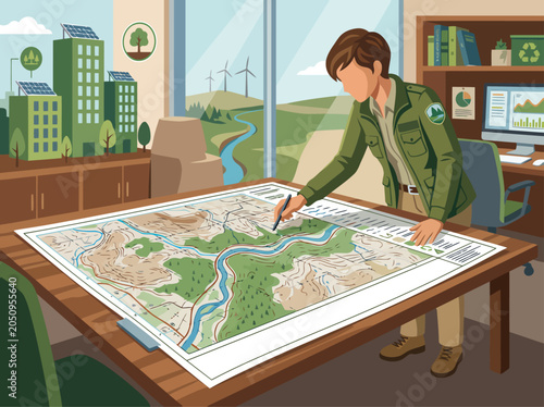 Canvas-taulu A professional analyzes a topographic map in a modern office, surrounded by sustainable energy visuals