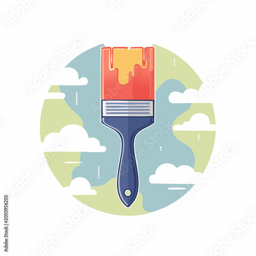 Paintbrush with dripping yellow paint on a cloudy sky background
