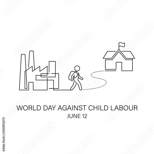 Minimalist line art of child walking from factory to school for world day against child labour day.