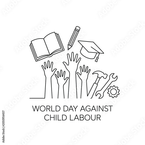 World day against child labour concept, raised hands reaching for education, not tools.