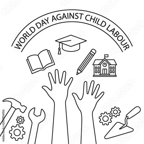 World day against child labour concept, educational items above raised hands and work tools.