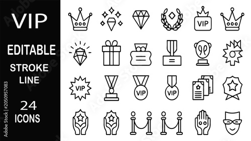 Bild auf Leinwand VIP Icon Set: A collection of 24 editable stroke line icons representing VIP status, including crowns, diamonds, trophies, awards, and velvet ropes, signifying exclusivity and privilege
