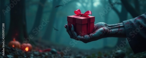 A zombie's skeletal hand offers a gift from a grave Dark Halloween backdrop , bones, dead, horror