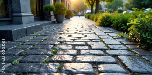 Industrial granite cobblestones create a paved terrace, outdoor, paving work, groundwork