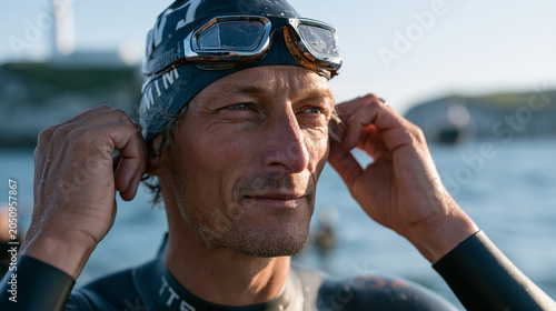 Open water swimmer adjusting goggles and sighting between a lighthouse and a headland buoy at the start of a charity channel crossing, event barge anchored nearby, support paddler