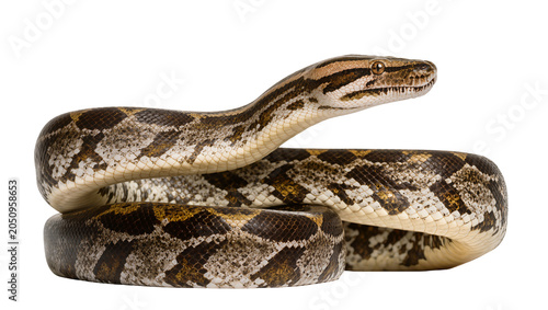 Photography Python snake coiled with patterned scales and detailed head