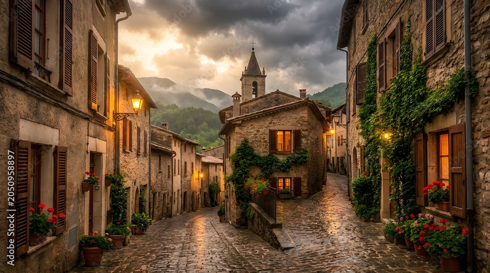 Fototapeta premium Quaint italian town street with flowers and mountains
