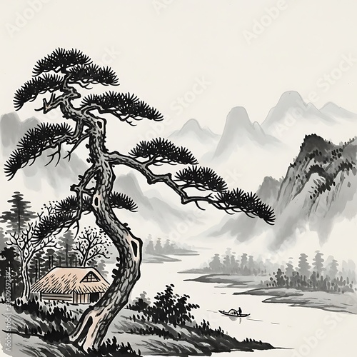 Ancient oak tree with twisted branches against mountainous backdrop.