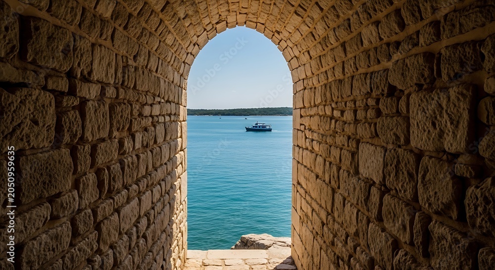 Fototapeta premium Ancient stone archway framing Mediterranean sea view.