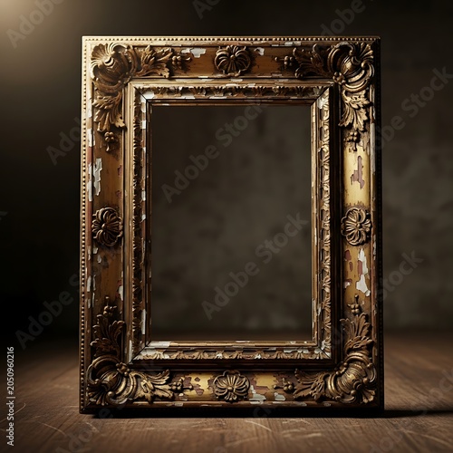 Ancient ornate gold framed mirror with reflection.
