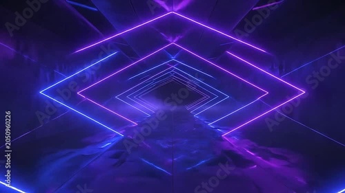 A futuristic tunnel illuminated by glowing neon diamond light frames