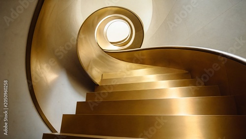 A golden spiral staircase ascending upwards, steps gradually widening in soft morning light.