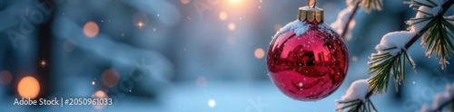 Sparkling ornament reflects snowy scene on frosted branch , festive, sparkle