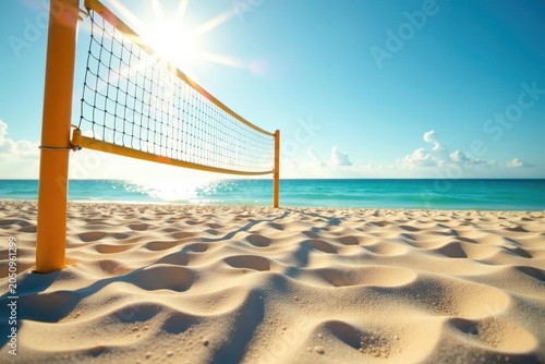 Sun-drenched sand, volleyball net, ocean view, active, golden