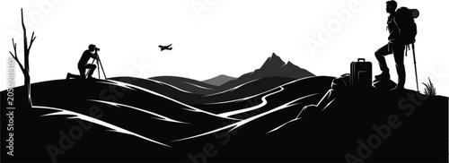 Schilderij op canvas Silhouette of a photographer and a hiker in a mountainous landscape with an airp