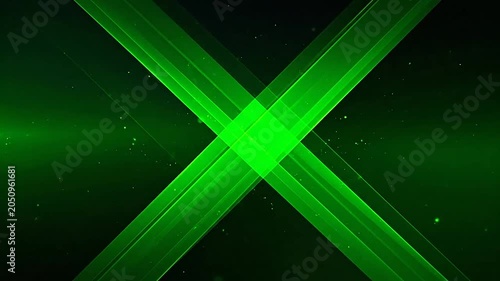 Abstract green light beams crossing on a dark background surface