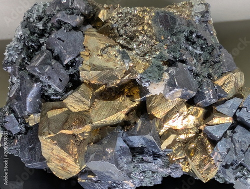 Photos Golden Pyrite and Dark Galena Mineral Specimen