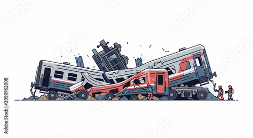 A cartoon depiction of a disastrous train crash scene with rescuers