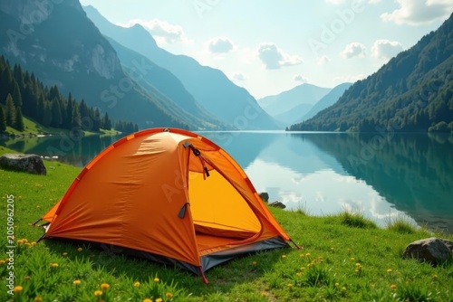 Vibrant orange tent on lush green grass near tranquil lake, water, travel