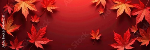 Vibrant red & gold maple leaves frame empty space, background, gold