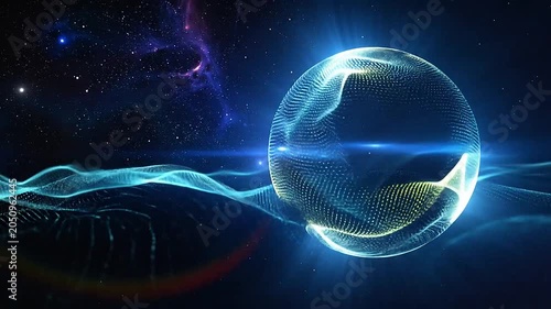 A glowing digital sphere floats within a vast dark cosmic space