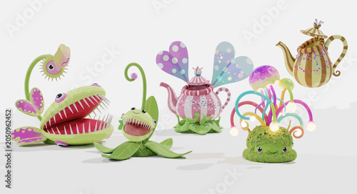 Whimsical tea party with fantastical plant creatures.