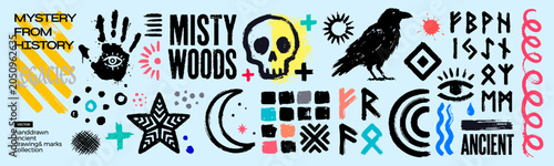 фотографія Collection of cryptic symbols, runes, skull, raven, and celestial objects with text Mystery From History and Misty Woods