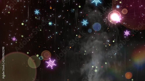 Festive holiday background with glowing snowflakes and shimmering light particles floating in a magical winter atmosphere for christmas celebration videos