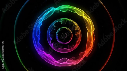 Abstract glowing rings of light forming a colorful circular tunnel