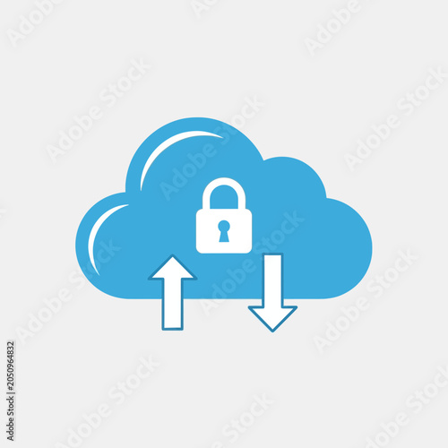 Cloud icon with upload, download arrows, and a padlock symbol in the center.