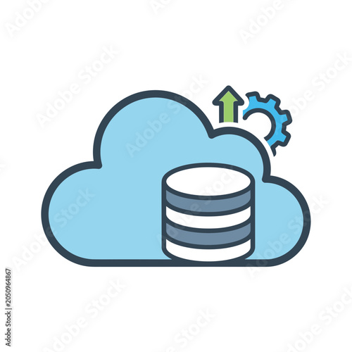 Cloud computing icon with database and gear symbols representing data management.