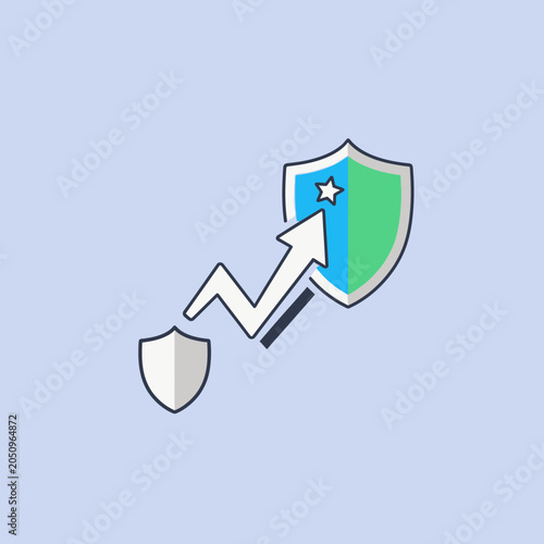 Illustration of a shield with a star and an upward arrow symbolizing protection and growth.