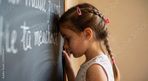Back to school anxiety young girl leans on chalkboard feeling overwhelmed with school return
